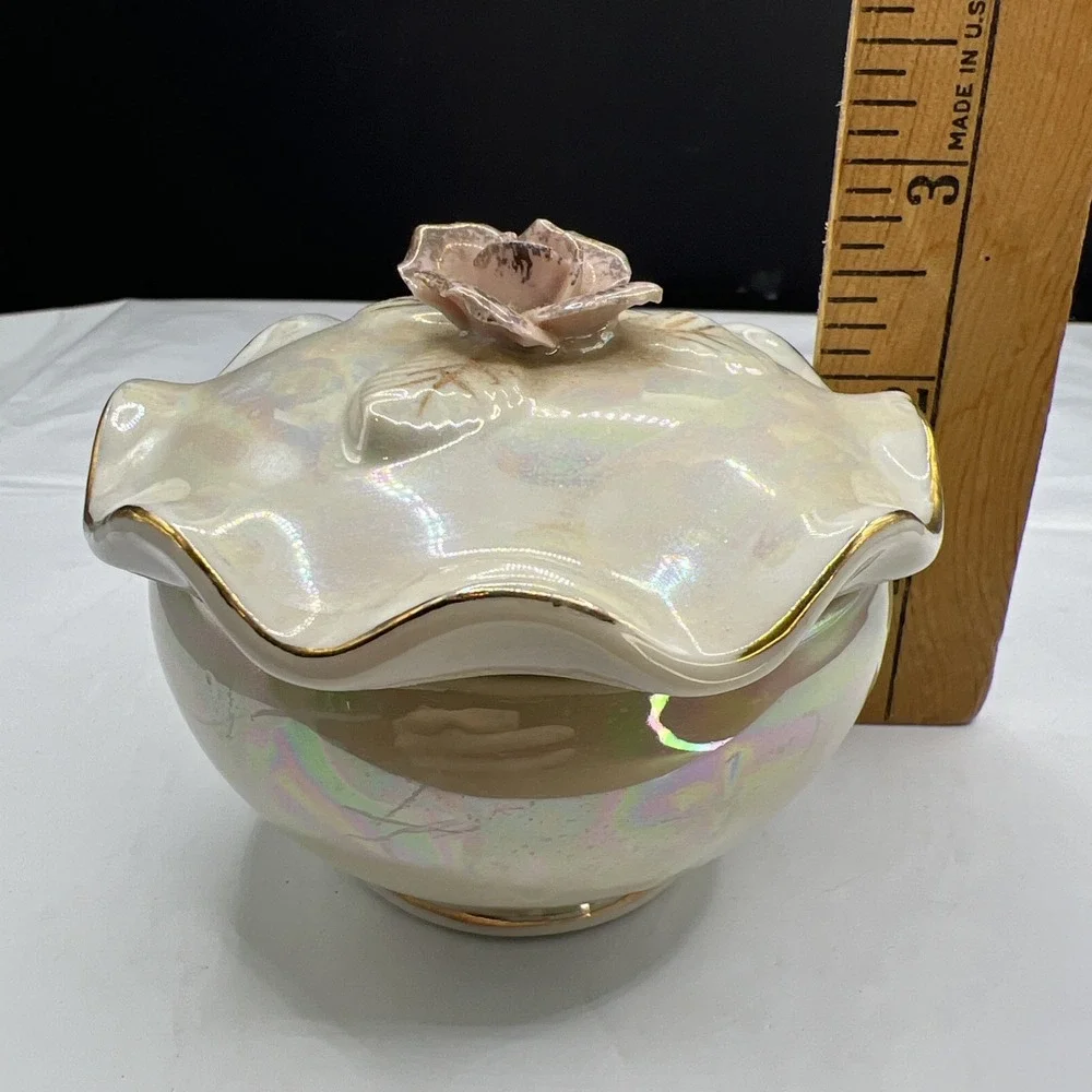 Vintage Iridescent Porcelain Trinket Box Applied Rose Lusterware Jewelry Dish